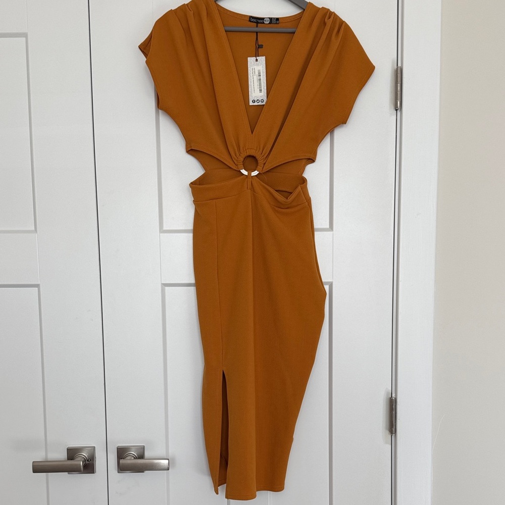 Boohoo Night Mustard Midi Dress with Ring Accent